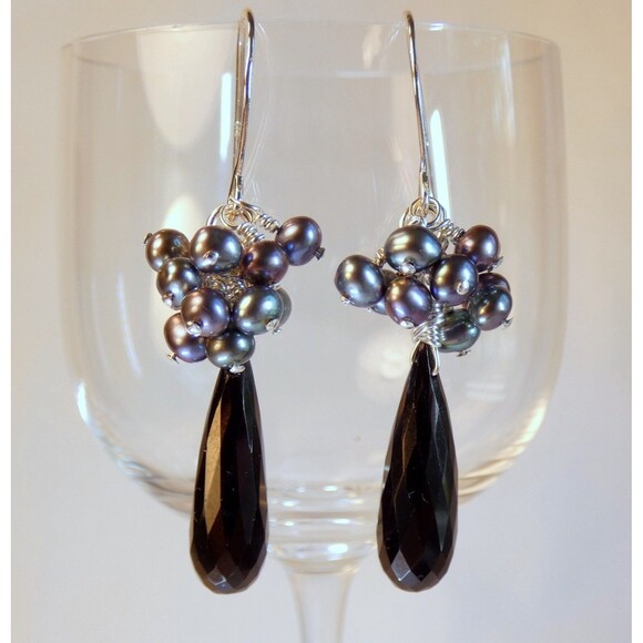 Black Spinel - Peacock Fresh Water Pearls - Sterling Silver Earrings - Picture 1 of 6